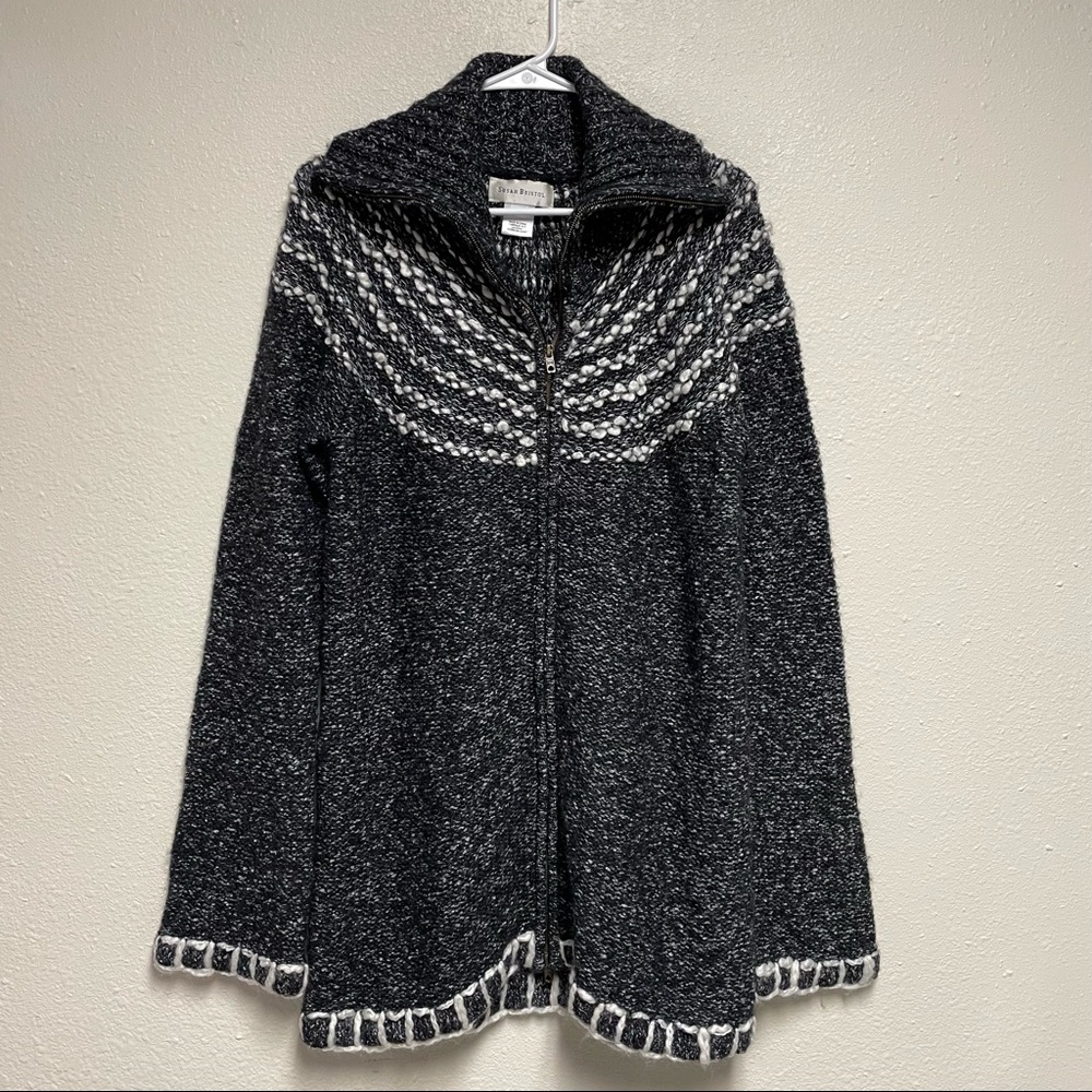 Susan Bristol Wool and Alpaca blend knitted zip up cardigan sweater.